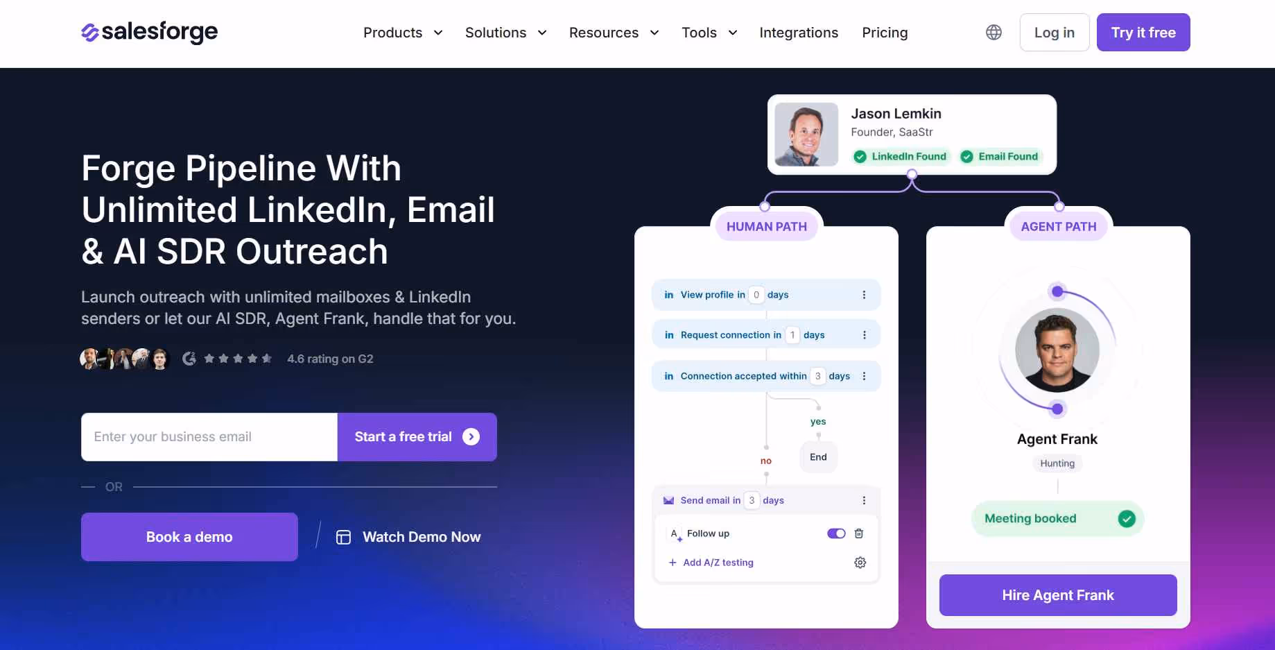 Salesforce homepage showcasing an AI SDR outreach tool with a comparison of human and agent paths for sales engagement.