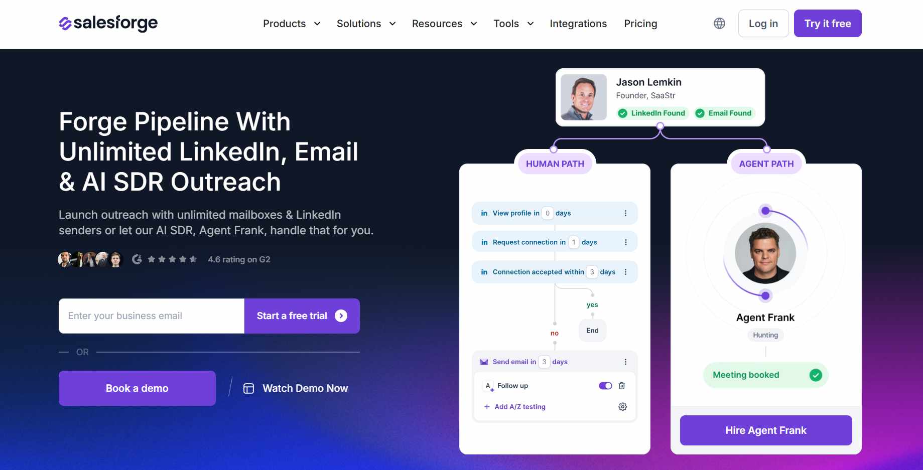 Salesforce homepage showcasing an AI SDR outreach tool with a comparison of human and agent paths for sales engagement.