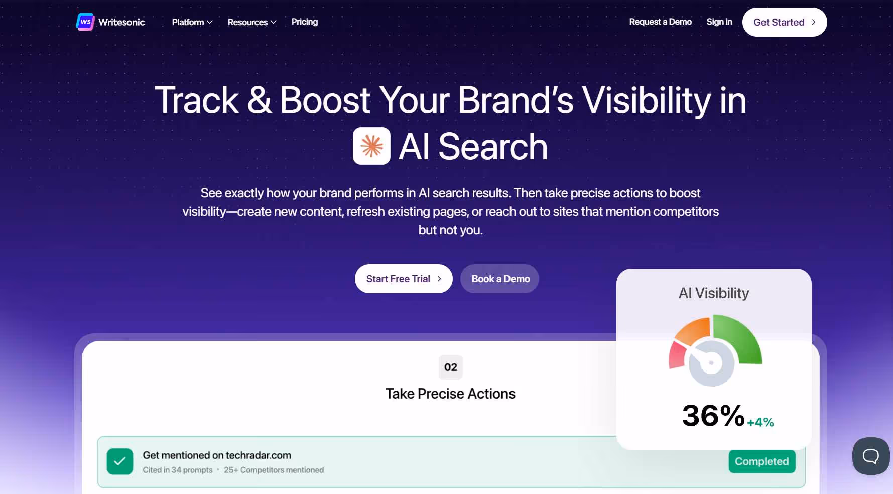 Writesonic homepage with the headline "Track & Boost Your Brand's Visibility in AI Search" and an image of a pie chart showing "AI Visibility"