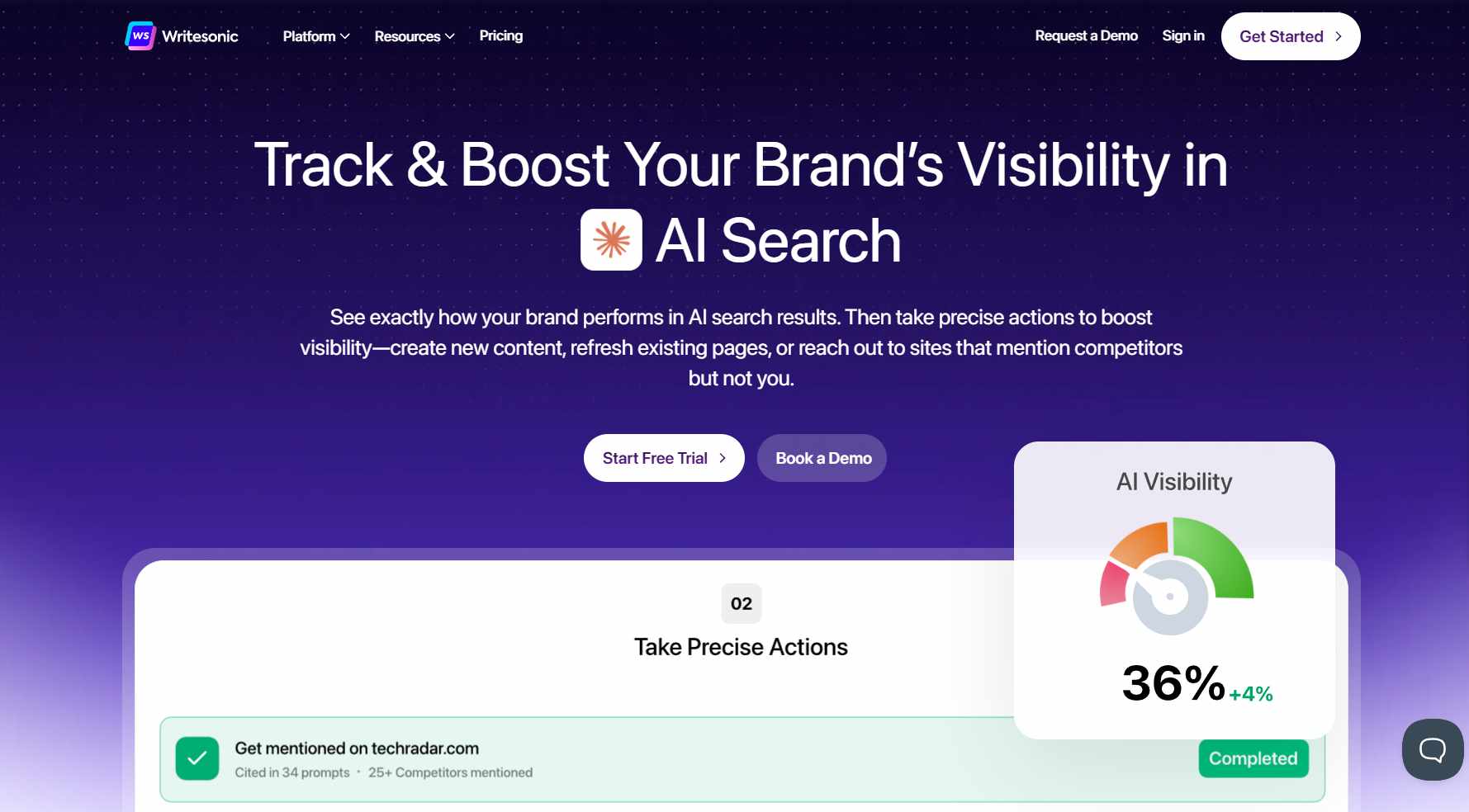 Writesonic homepage with the headline "Track & Boost Your Brand's Visibility in AI Search" and an image of a pie chart showing "AI Visibility"