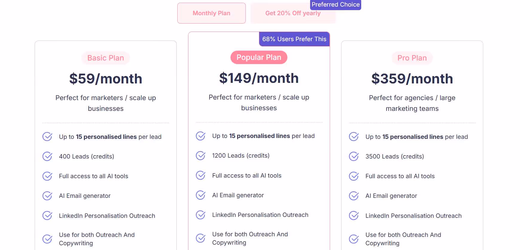 Pricing plans for Smartwriter.ai: "Basic Plan" for $59/month, "Popular Plan" for $149/month, and "Pro Plan" for $359/month