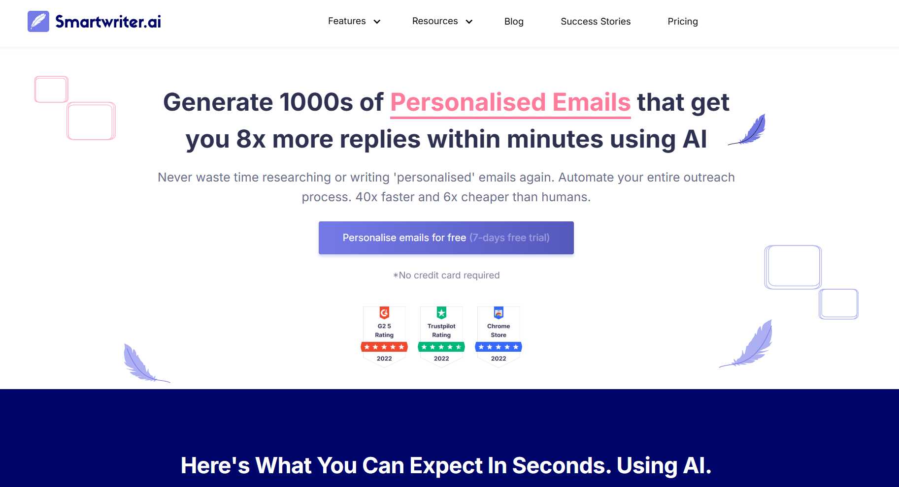  Smartwriter.ai homepage with the headline "Generate 1000s of Personalised Emails that get you 8x more replies within minutes using AI