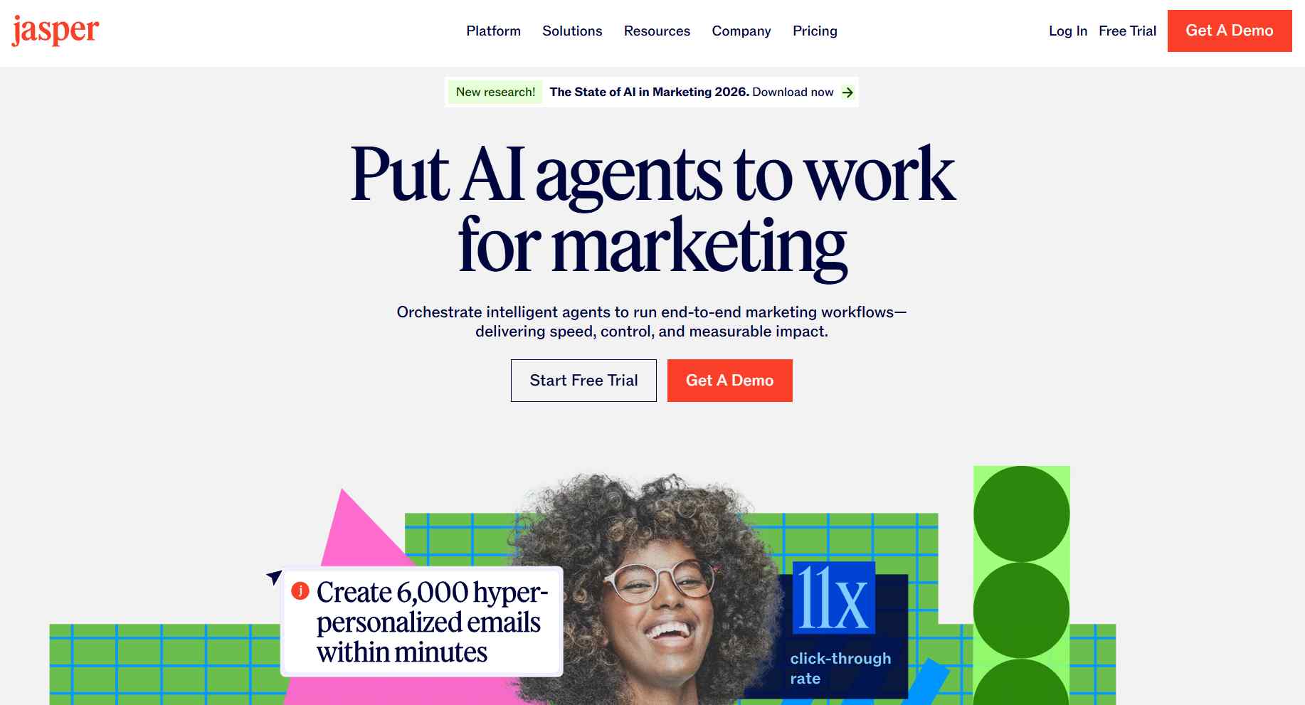 Jasper homepage with the headline "Put AI agents to work for marketing" and an image of a woman smiling