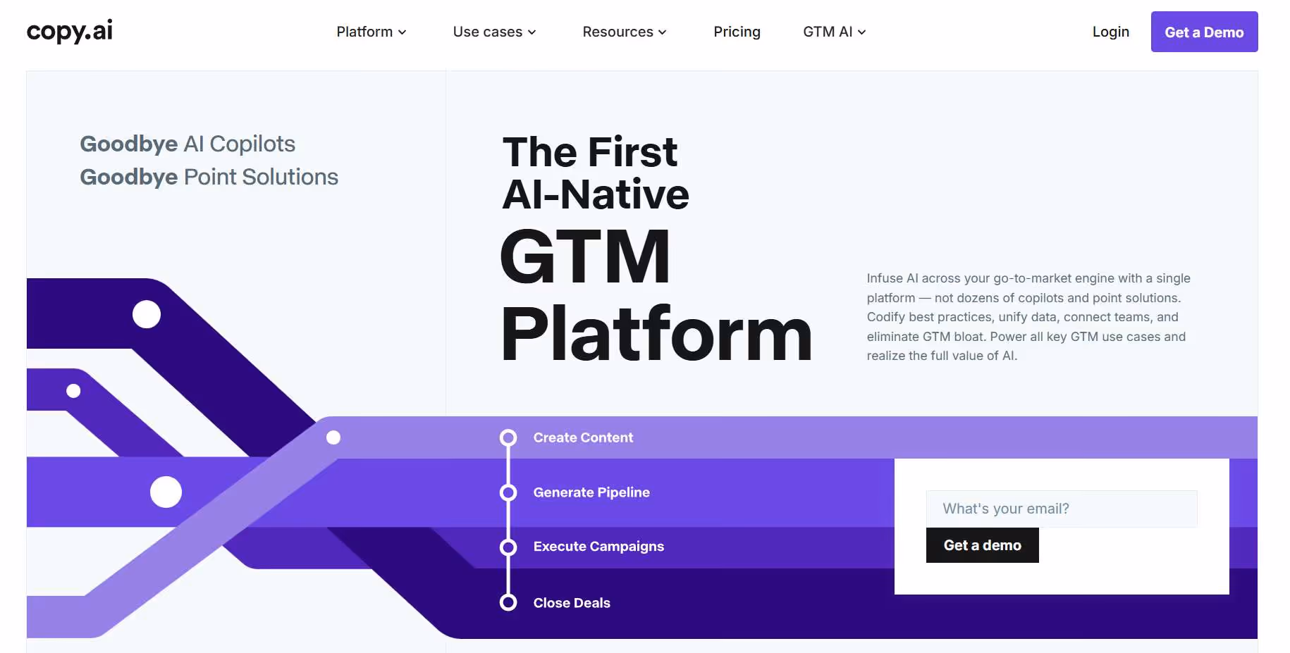 Homepage of copy.ai, showing the headline "Goodbye AI Copilots Goodbye Point Solutions" and "The First AI-Native GTM Platform"
