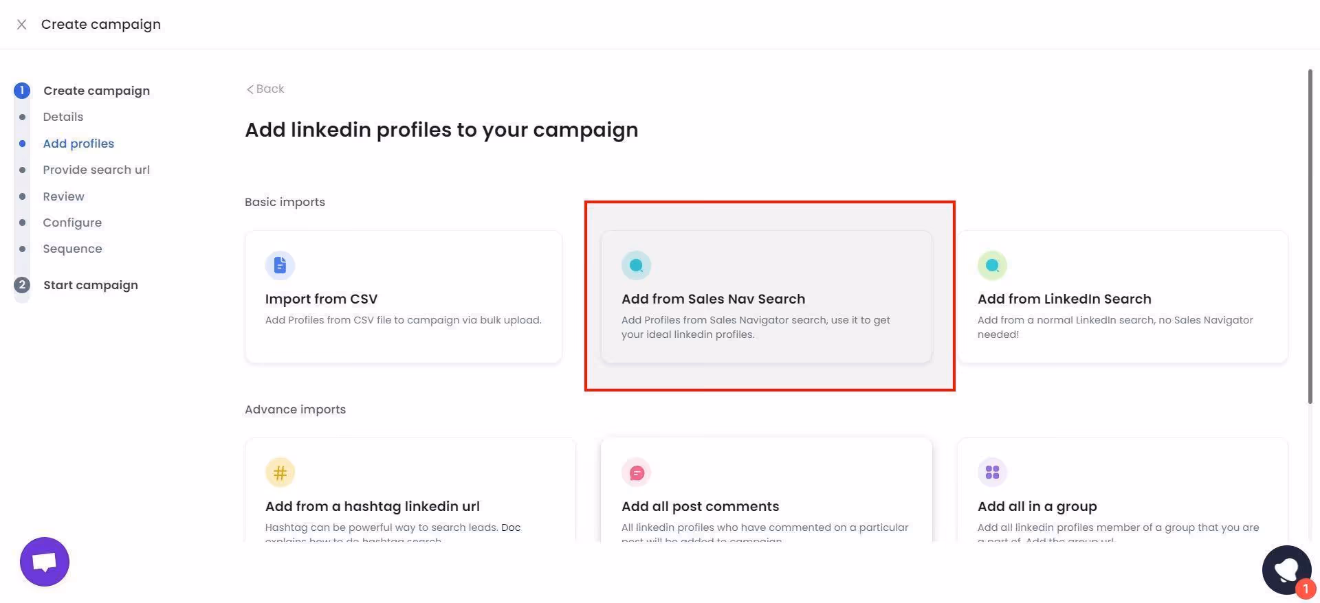 A screenshot of the SalesRobot interface showing options to 'Add LinkedIn profiles to your campaign', with 'Add from Sales Nav Search' highlighted by a red box.