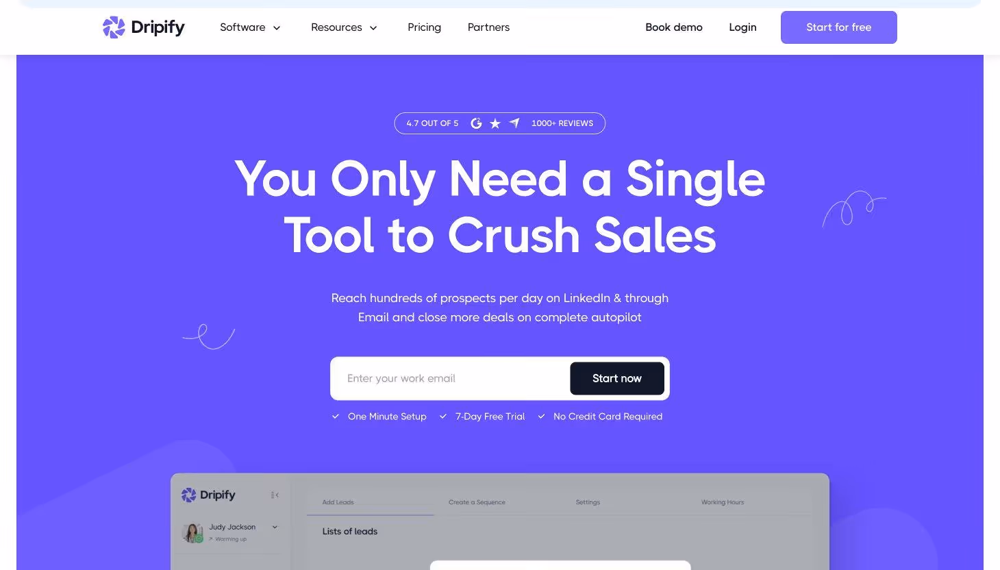 A website homepage for Dripify, a sales tool, with a call to action to enter email.