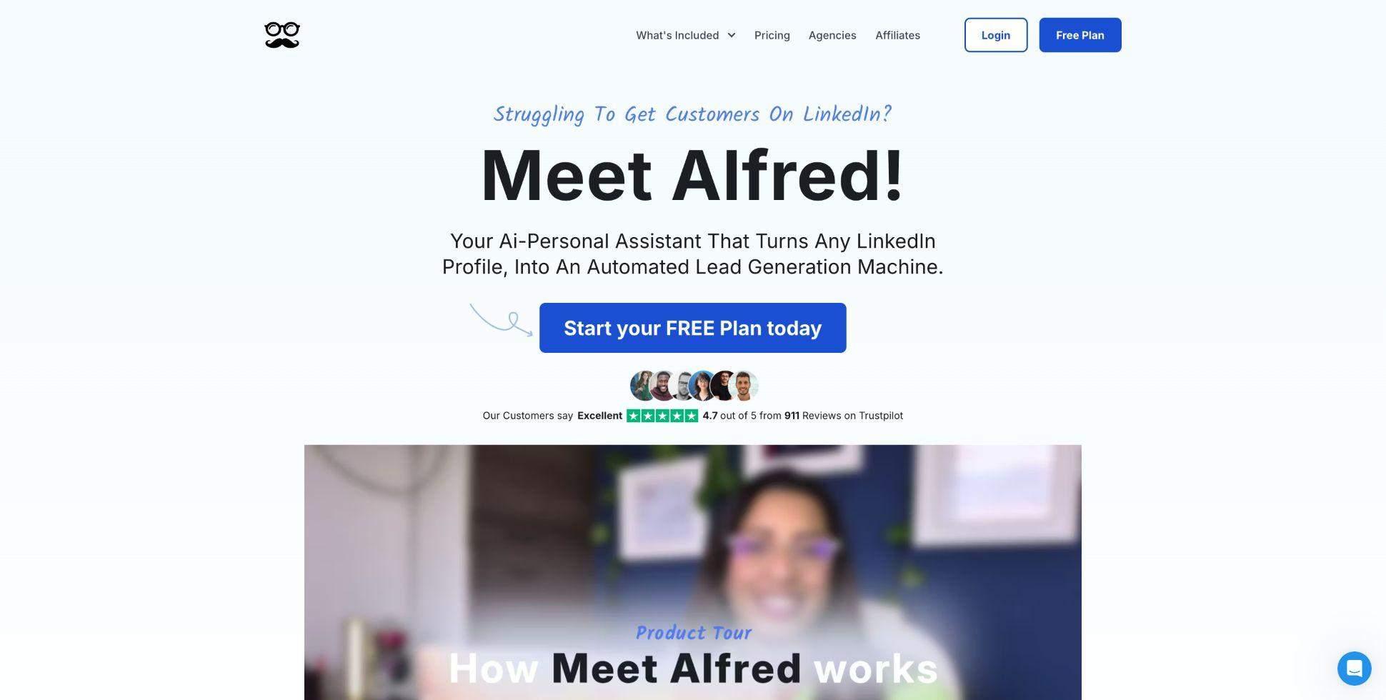 A website homepage for Meet Alfred, an AI personal assistant for LinkedIn lead generation.