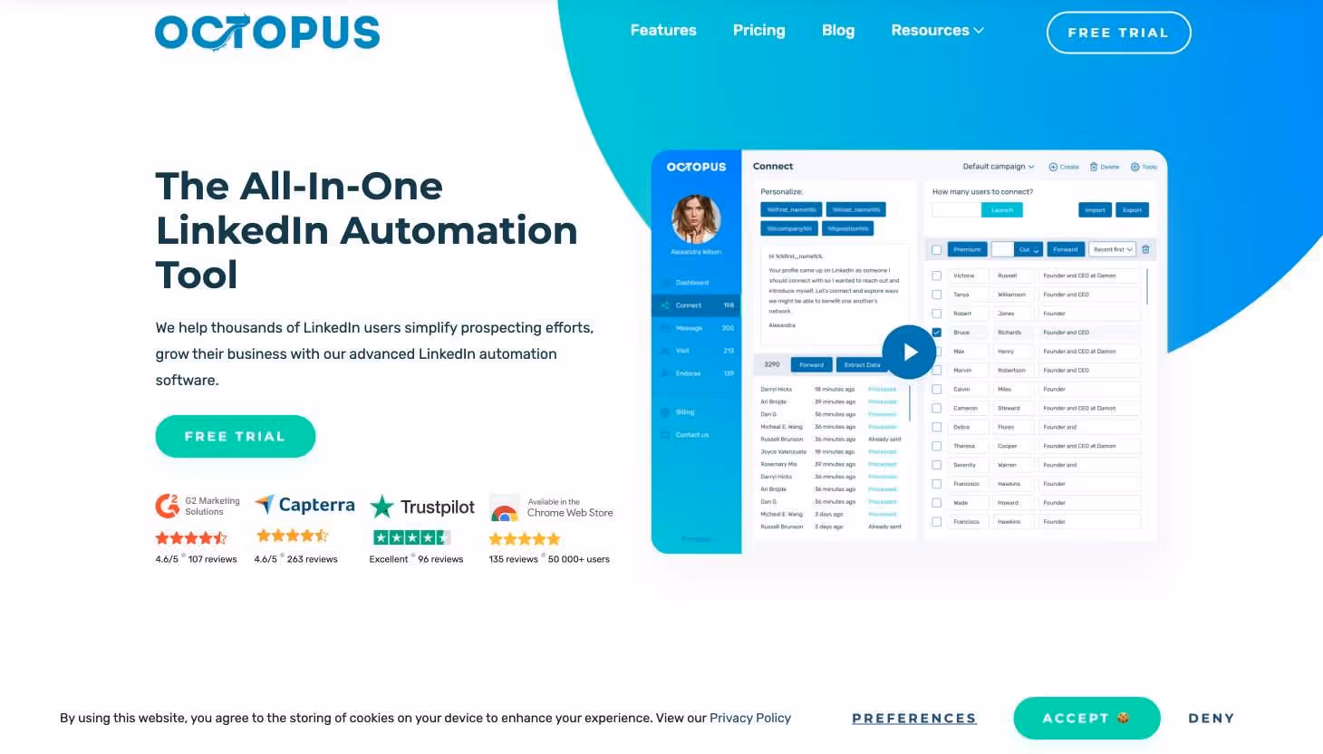 A website homepage for Octopus, a LinkedIn automation tool, displaying a connection interface.