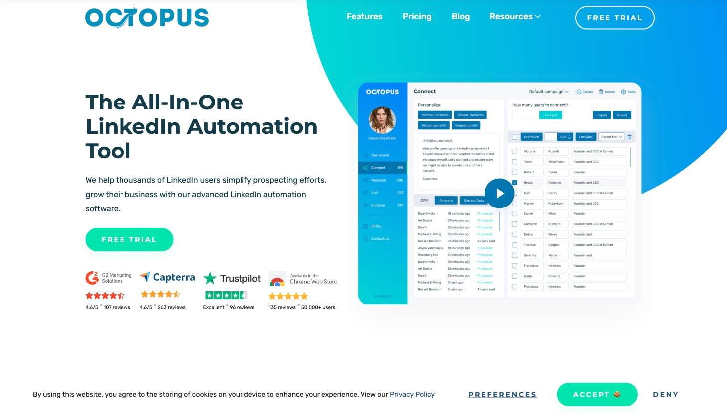 A website homepage for Octopus, a LinkedIn automation tool, displaying a connection interface.
