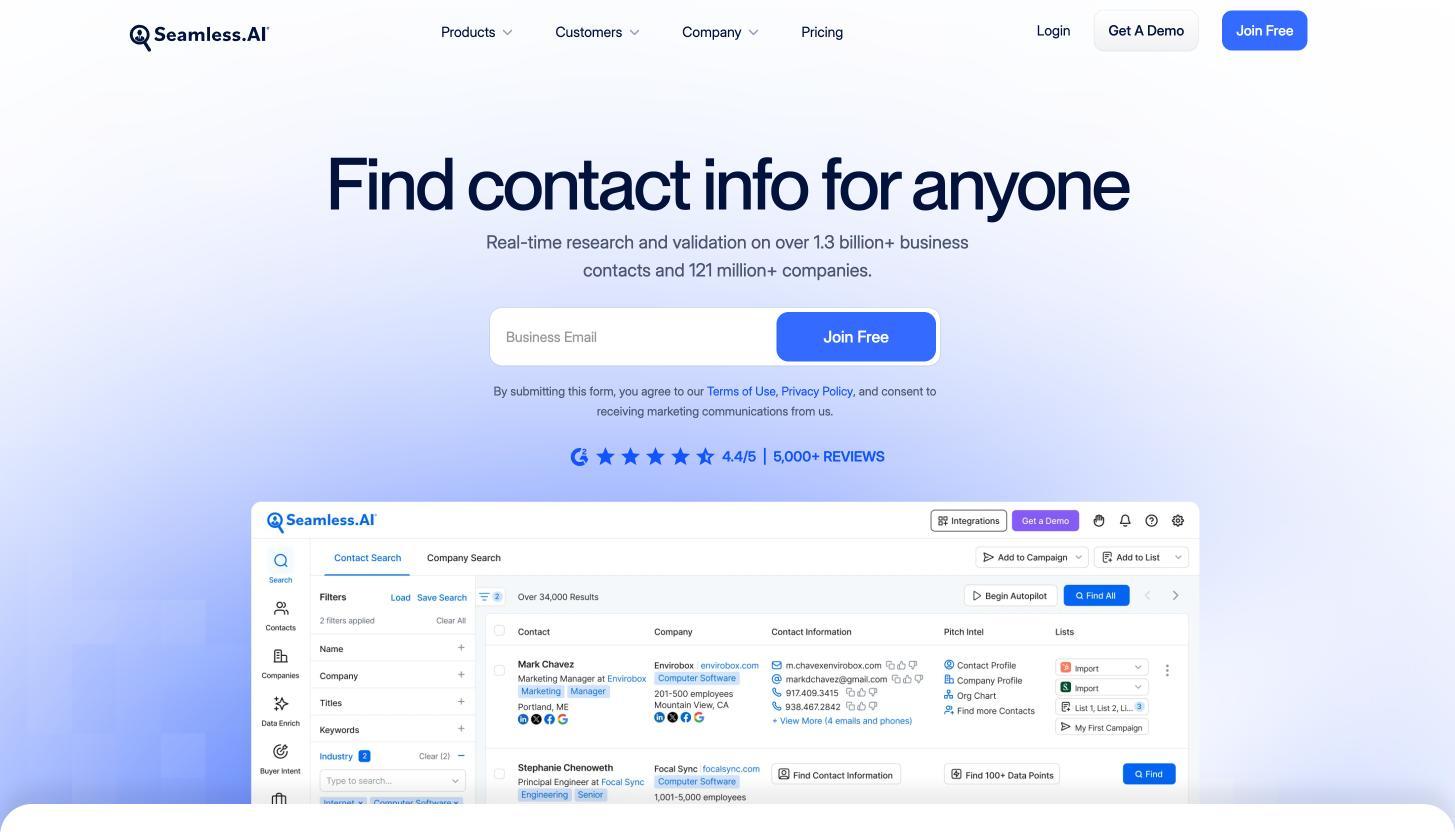 Seamless.AI landing page displaying a search interface for finding business contact information with filters and results.