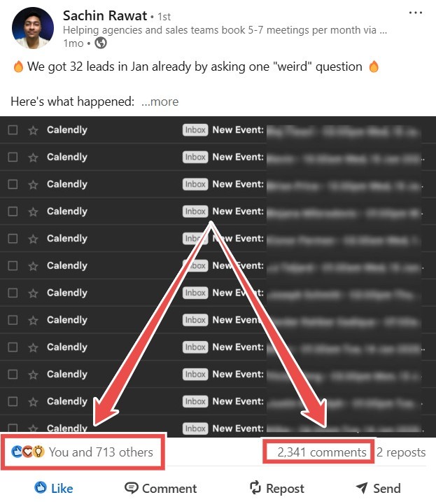 LinkedIn post showing Calendly meetings and engagement