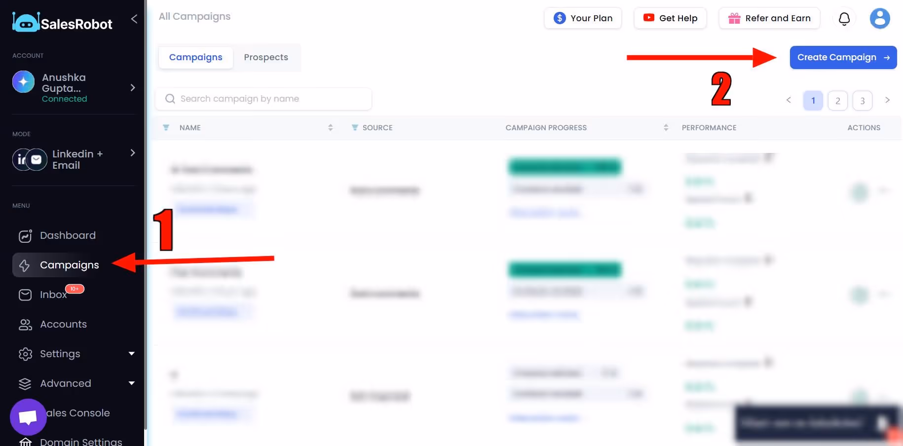 SalesRobot campaign creation process with numbered steps.