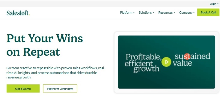 Salesloft homepage with the tagline 'Put Your Wins on Repeat'.