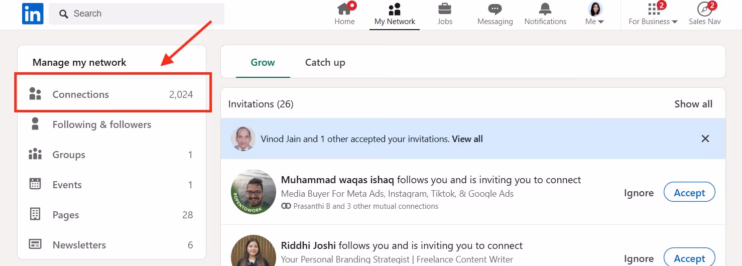 Screenshot of the connections page on LinkedIn.