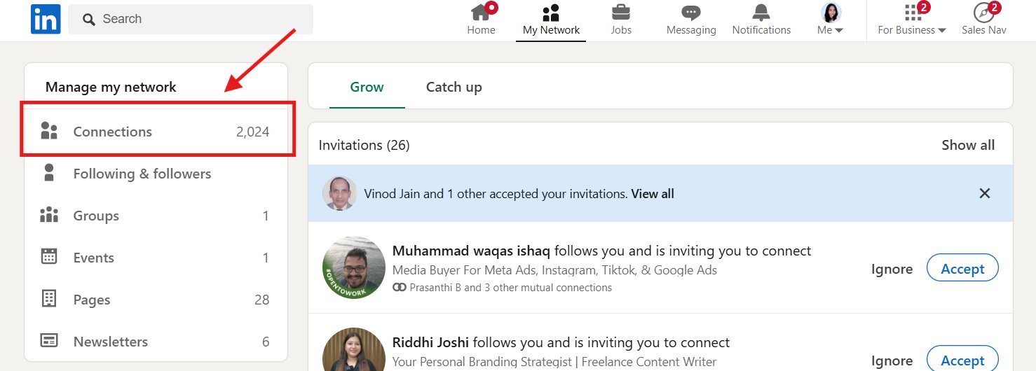 Screenshot of the connections page on LinkedIn.