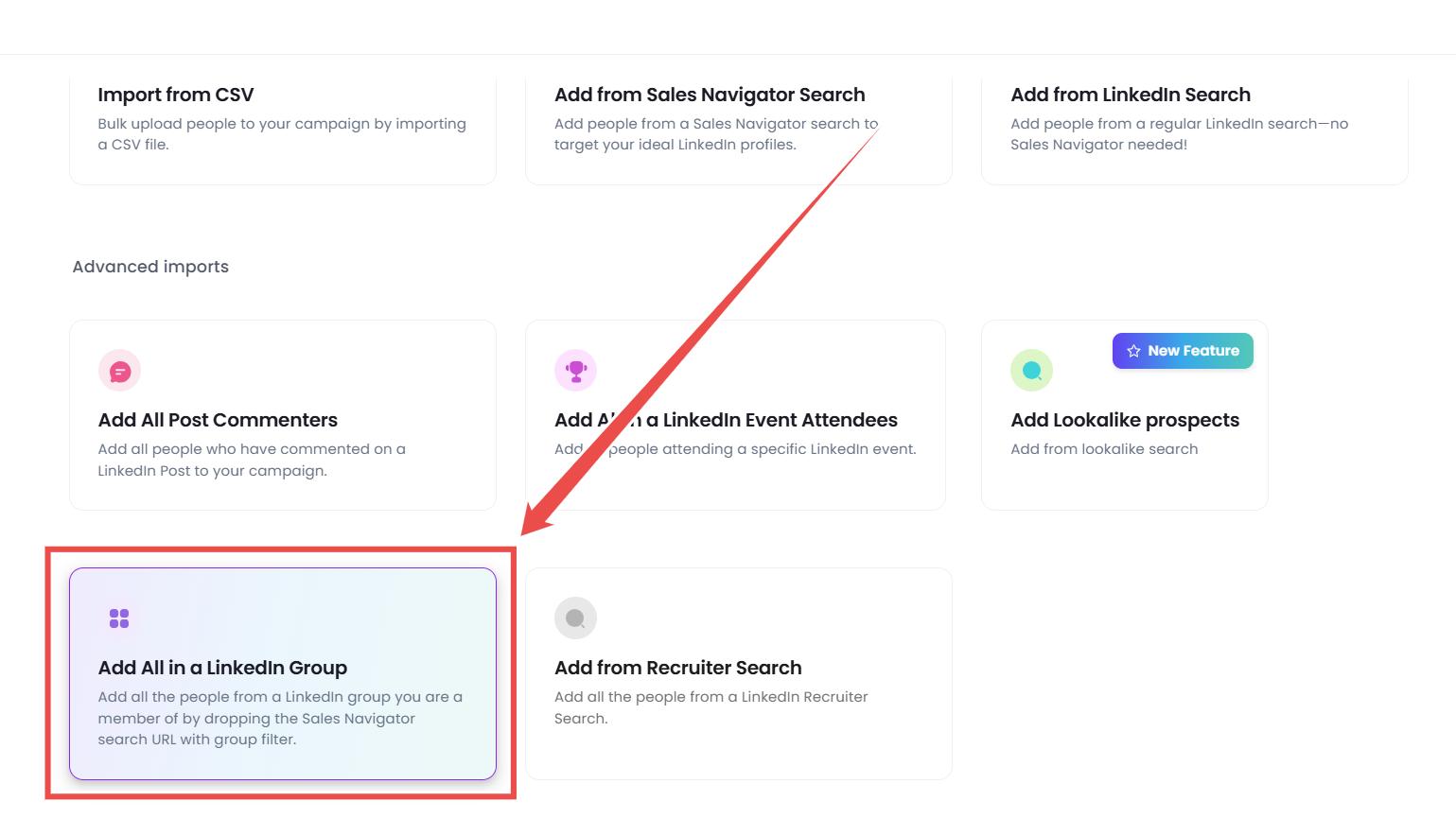 A screenshot of SalesRobot software showing options to add people to a campaign