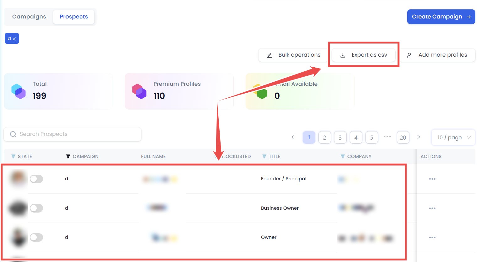 Screenshot of a prospect list with options to export as CSV and add more profiles.