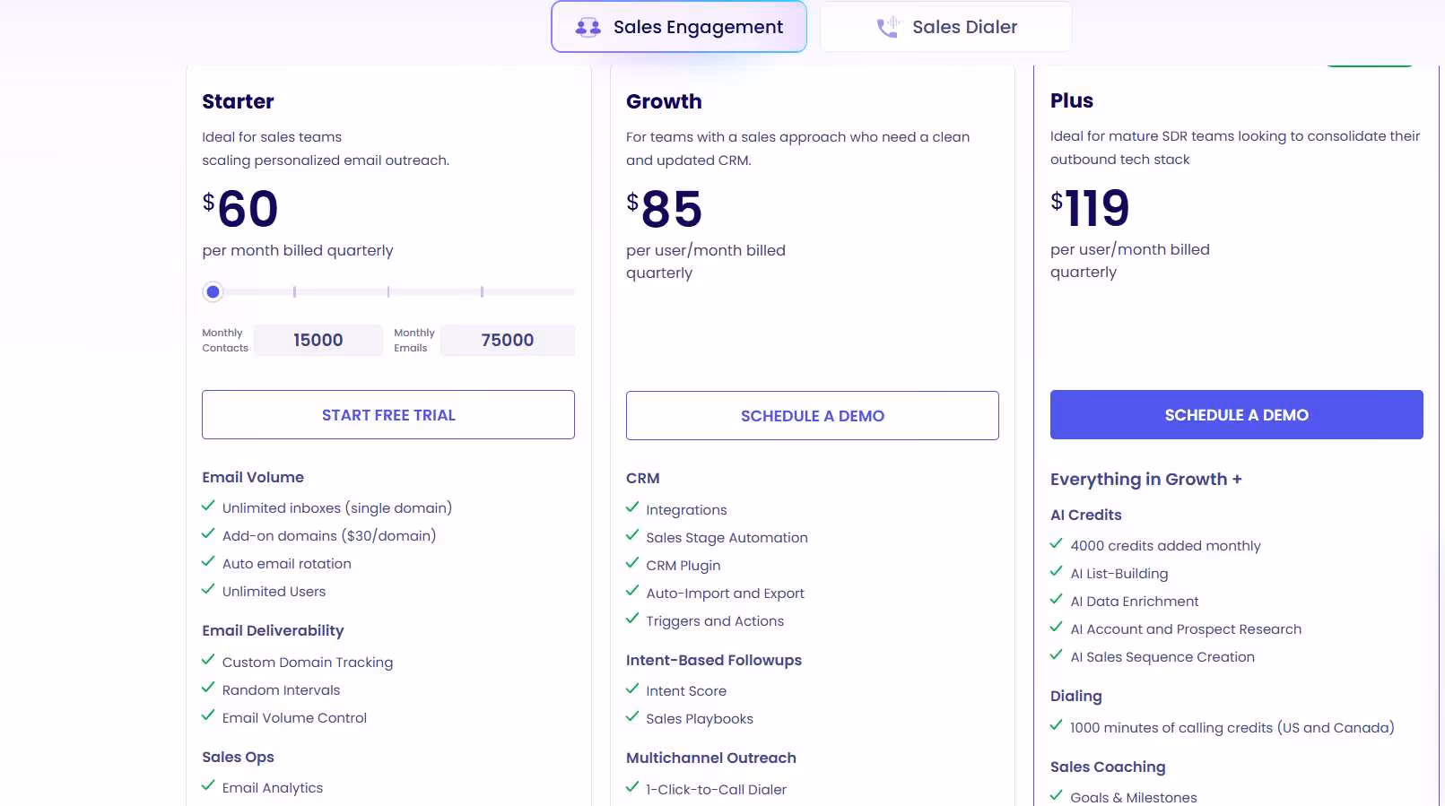 Sales engagement pricing tiers: Starter, Growth, and Plus