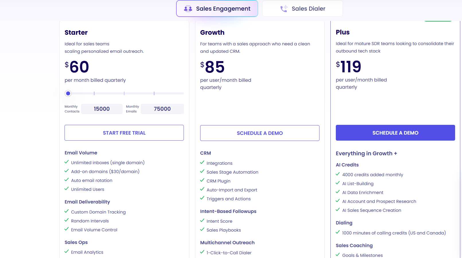 Sales engagement pricing tiers: Starter, Growth, and Plus