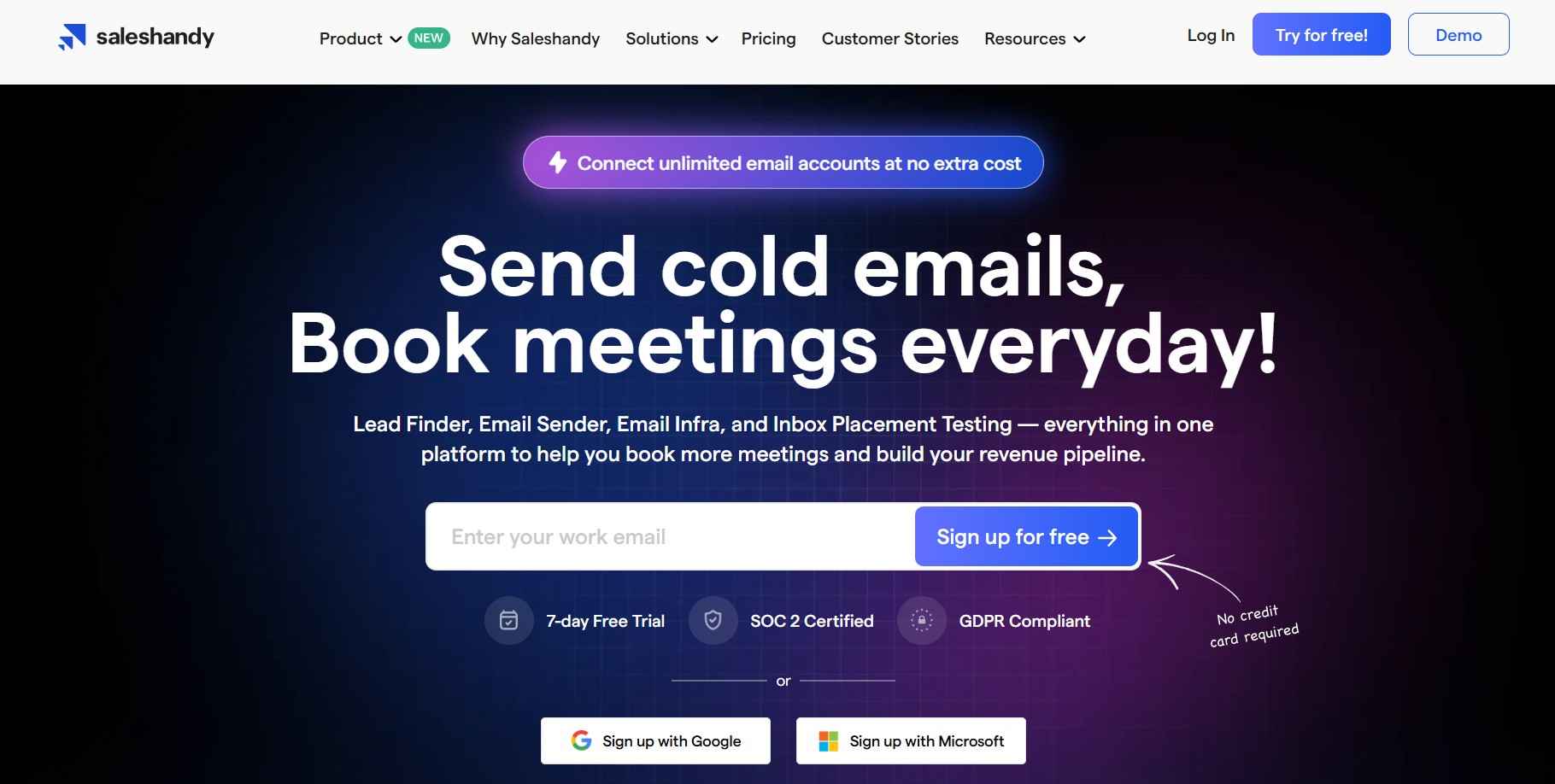 Saleshandy cold email platform landing page with headline Send cold emails, Book meetings everyday!