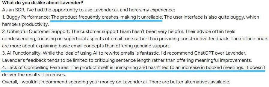 Screenshot of a negative review for Lavender software.