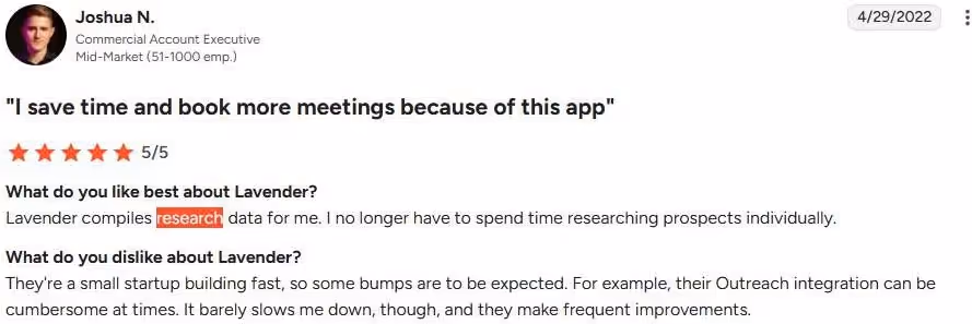 Screenshot of a positive review for Lavender software.