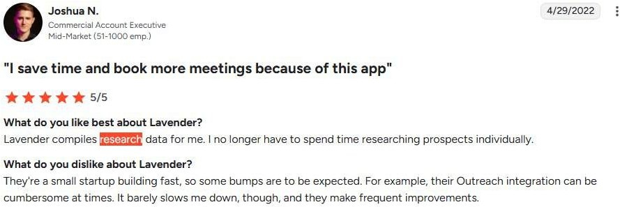 Screenshot of a positive review for Lavender software.