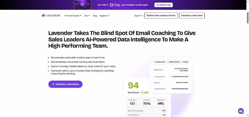 Website homepage with the headline "Lavender Takes The Blind Spot Of Email Coaching To Give Sales Leaders AI-Powered Data Intelligence To Make A High Performing Team.