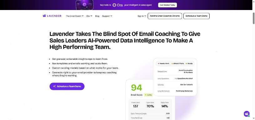 Website homepage with the headline "Lavender Takes The Blind Spot Of Email Coaching To Give Sales Leaders AI-Powered Data Intelligence To Make A High Performing Team.