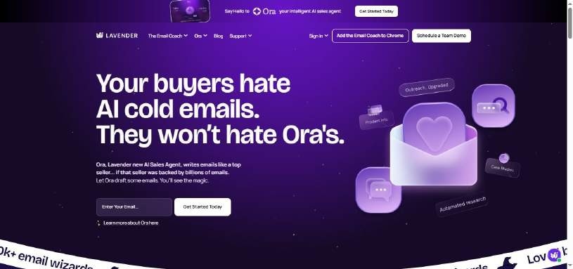 Homepage of Lavender.ai, an AI sales assistant, featuring the headline "Your buyers hate AI cold emails. They won’t hate Ora’s.