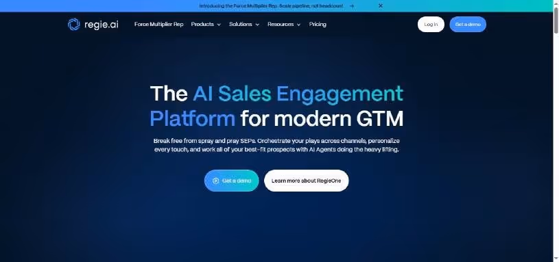 Regie.ai homepage, an AI Sales Engagement Platform, with the headline "The AI Sales Engagement Platform for modern GTM