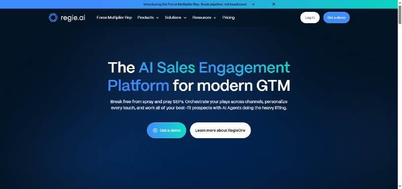 Regie.ai homepage, an AI Sales Engagement Platform, with the headline "The AI Sales Engagement Platform for modern GTM