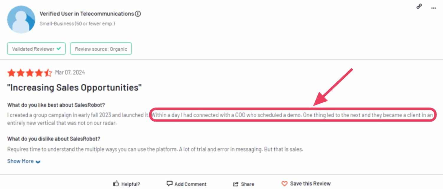 Screenshot of a user review about SalesRobot.