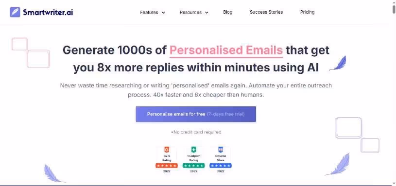 Smartwriter.ai homepage with headline "Generate 1000s of Personalised Emails that get you 8x more replies within minutes using AI"