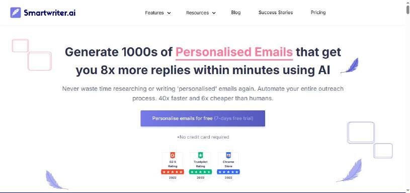 Smartwriter.ai homepage with headline 'Generate 1000s of Personalised Emails that get you 8x more replies within minutes using AI'.