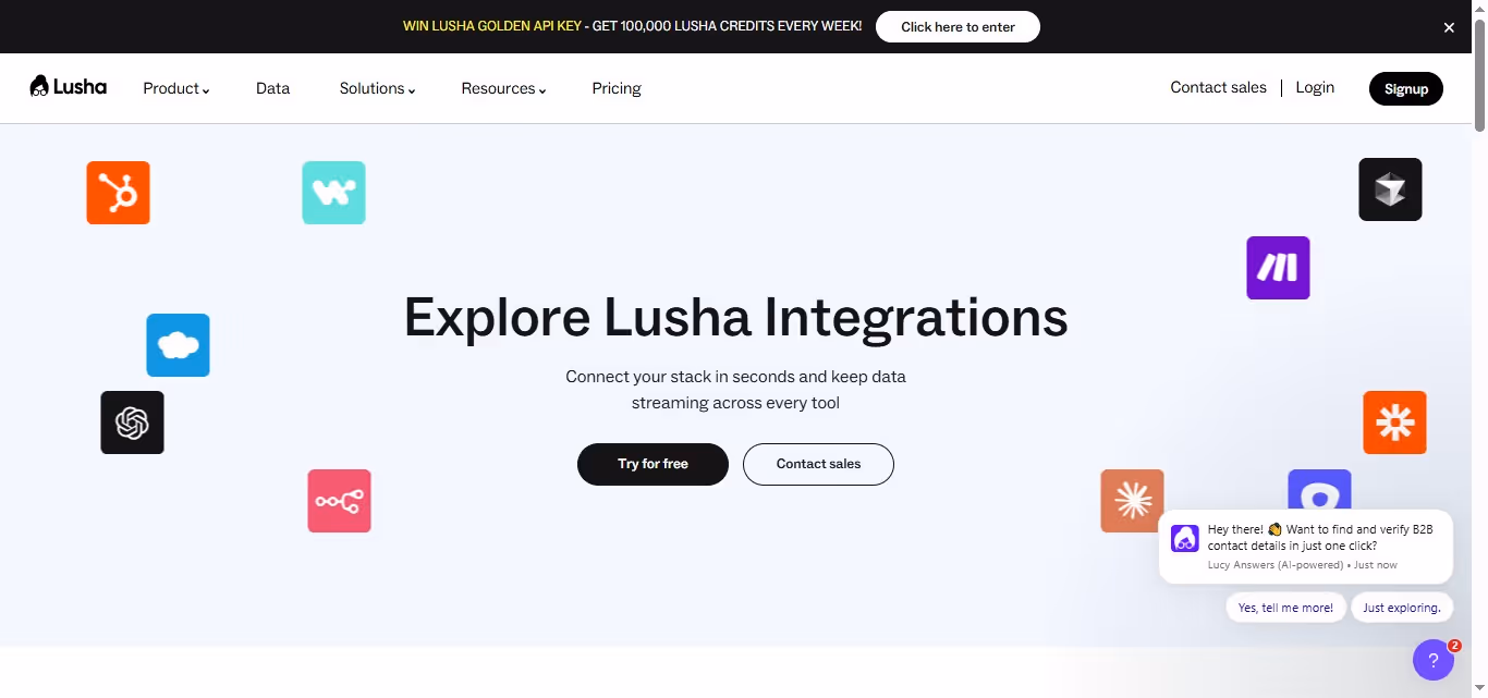 A screenshot of the Lusha website showcasing its integrations with various business tools.