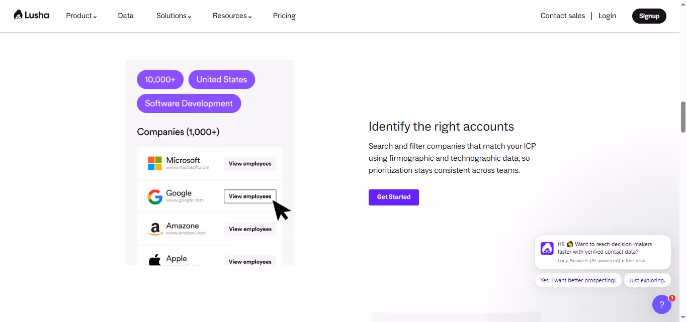 A screenshot of the Lusha website showing a search interface for companies and software development professionals.