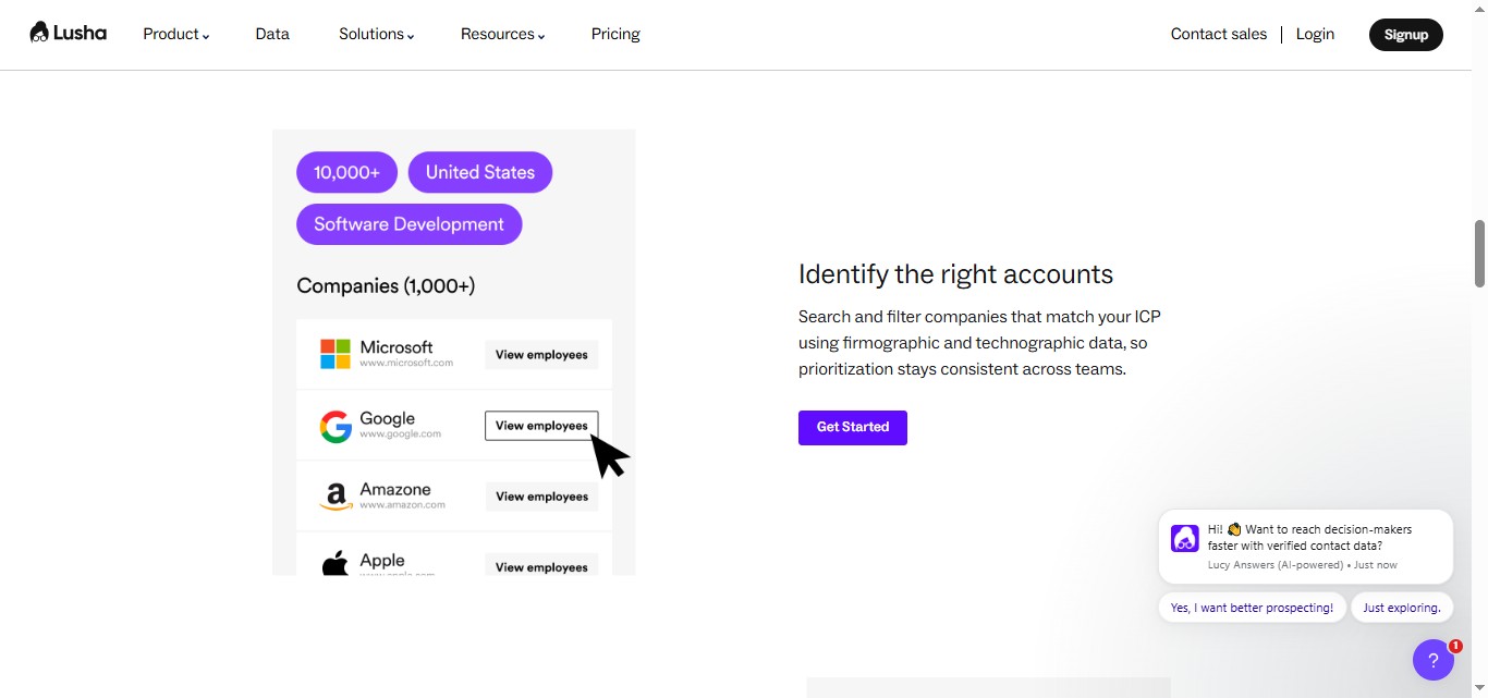 Lusha website showing software development companies.