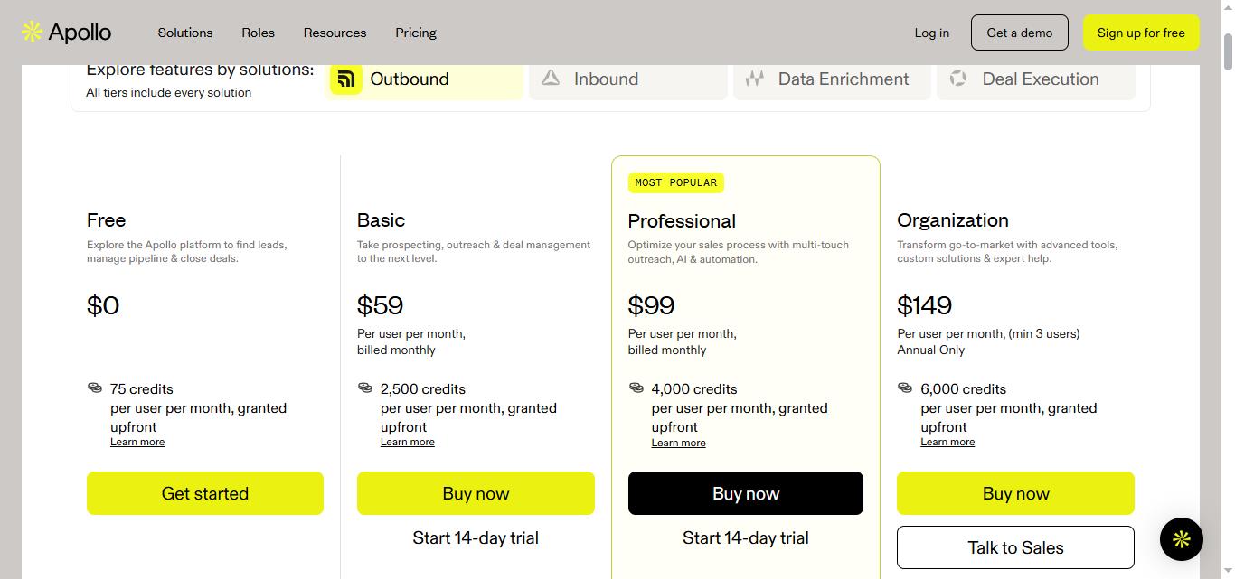 Apollo pricing plans: Free, Basic, Professional, and Organization.