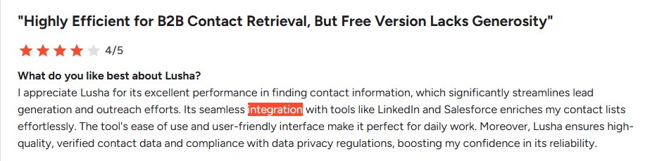 Customer testimonial for Lusha with a 4/5 rating.
