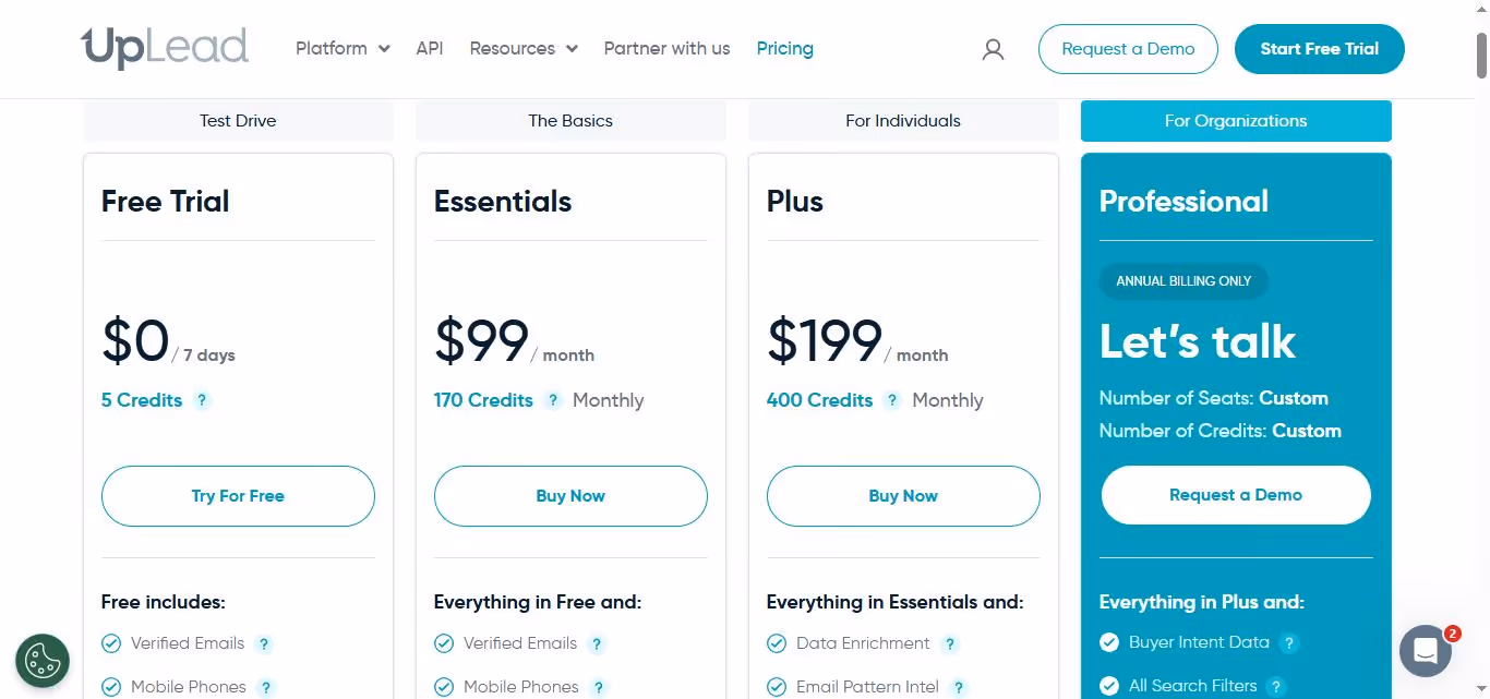 UpLead logo and navigation bar with pricing plans.