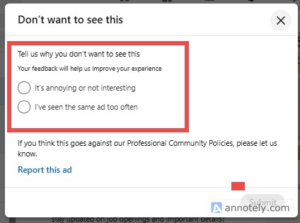 LinkedIn ad feedback form.