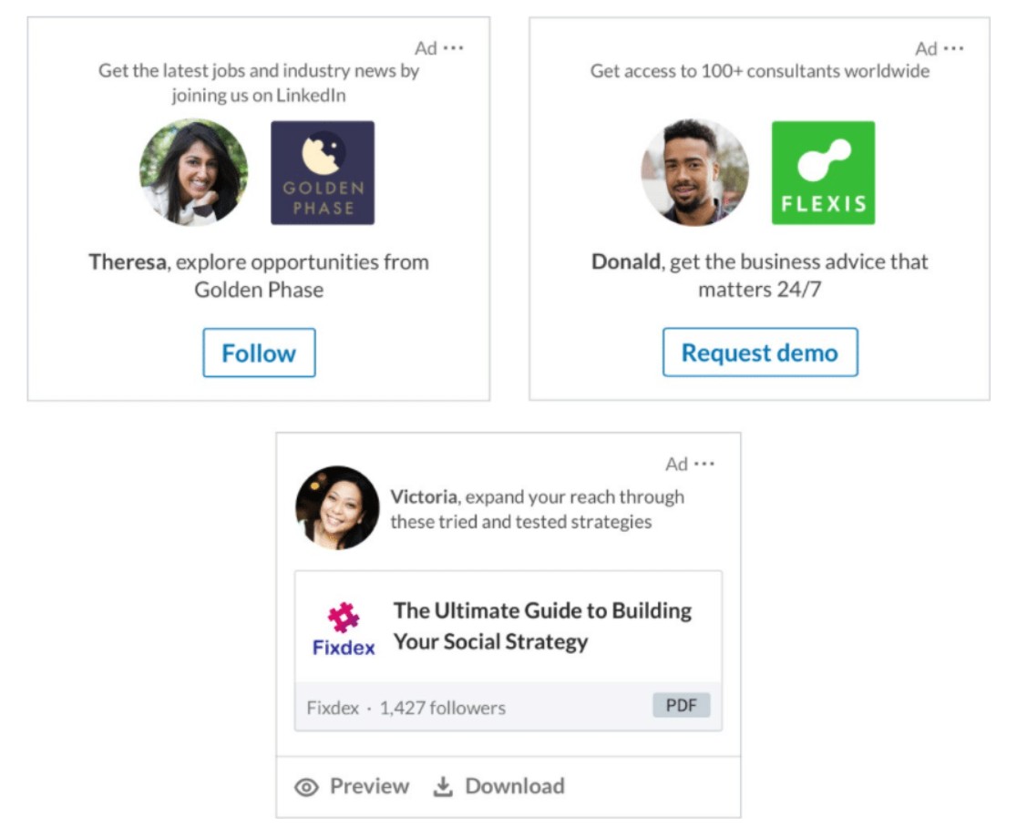 Three LinkedIn ads for Golden Phase, Flexis, and Fixdex.