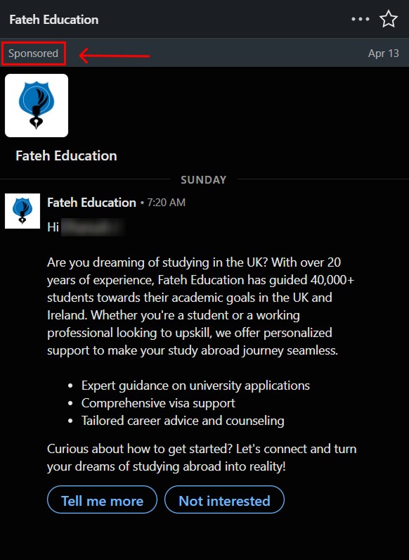 A sponsored LinkedIn post from Fateh Education about studying in the UK.