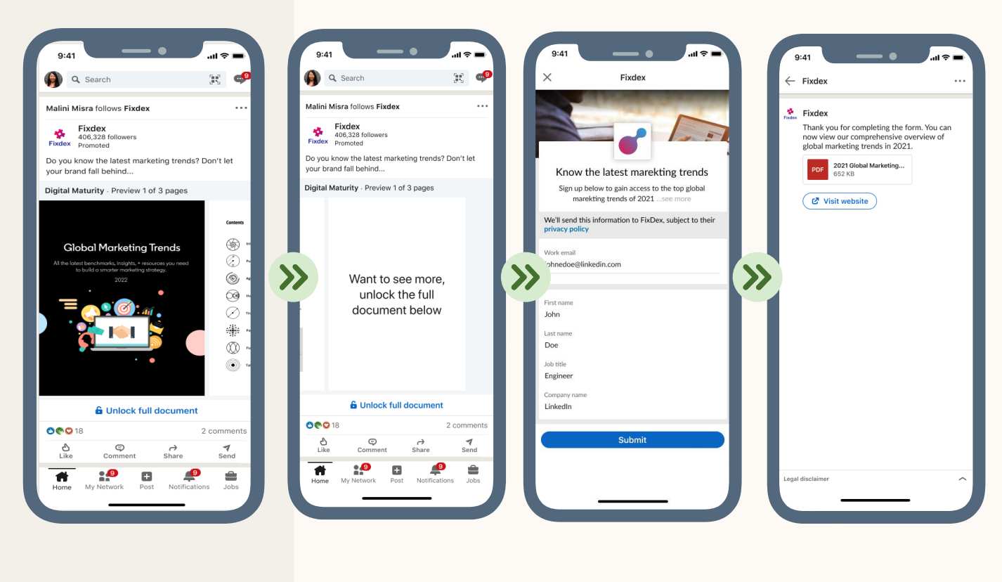 A series of LinkedIn posts showing a document being unlocked.