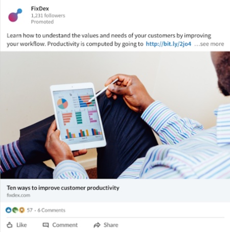 A person holding a tablet displaying a chart, in a promoted FixDex ad on LinkedIn.