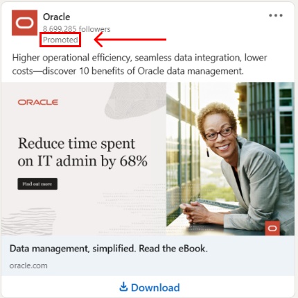 An Oracle ad on LinkedIn with an arrow pointing to the word 'Promoted'.