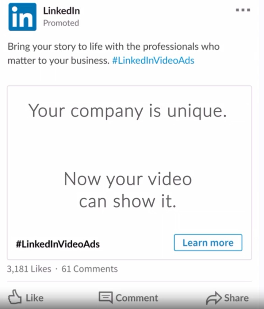 A LinkedIn video ad promoting unique company stories.