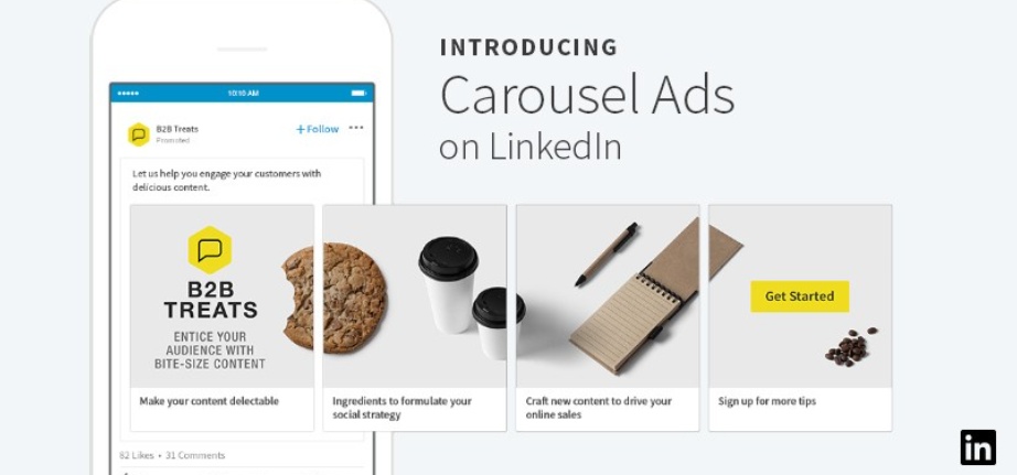 LinkedIn carousel ad showing a cookie, coffee, notepad, and a 'Get Started' button.