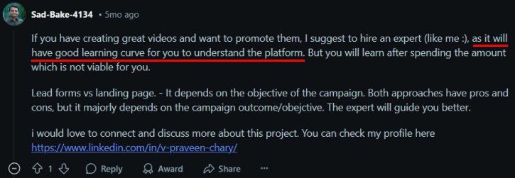 Reddit comment about hiring an expert for video creation on LinkedIn.